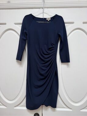 Armani Collezioni Navy Ruched Sheath Midi Dress